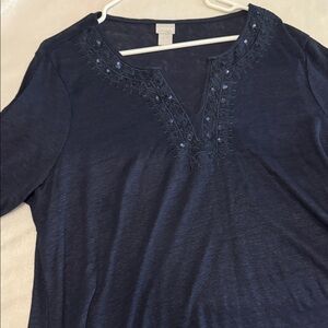 Chico's Navy Embroidered Split V-Neck Tunic